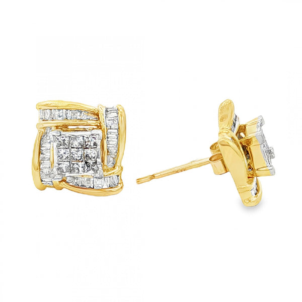 9ct Yellow Gold Diamond Cluster Stud & Collar Earrings - 9x9mm