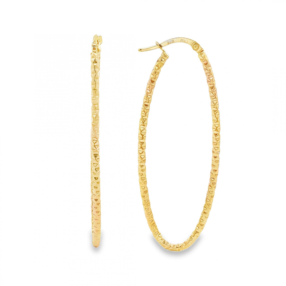 9ct Yellow Gold Oval Patterned Hoop Earrings - 21x55x2mm - 1.8g