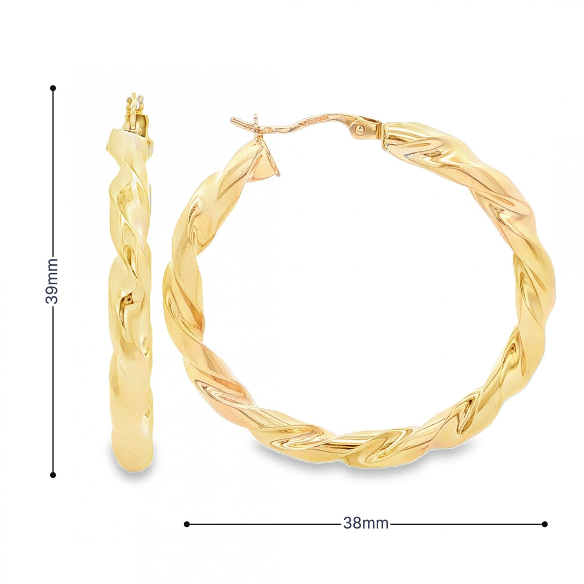 9ct Yellow Gold Twist Ribbon Hoop Earrings - 38x39x4mm - 3.9g
