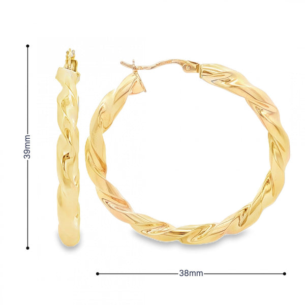 9ct Yellow Gold Twist Ribbon Hoop Earrings - 38x39x4mm - 3.9g