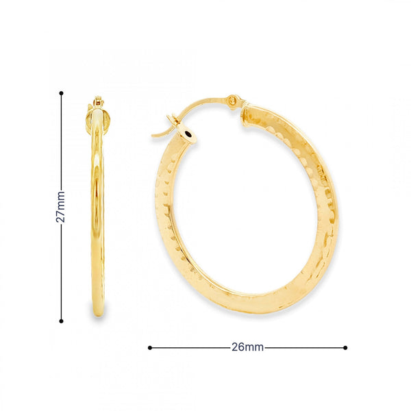 9ct Yellow Gold Hollow Round Patterned Hoop Earrings - 1.2g