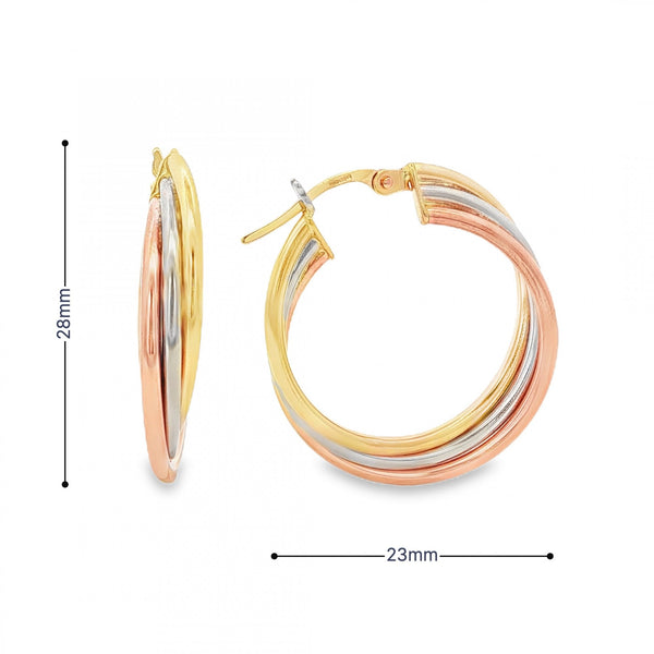 9ct Multi-Tone Gold Russian Hoop Earrings - 23x28x4.5mm - 3.2g