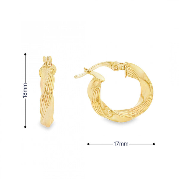 9ct Yellow Gold Twist Ribbon Hoop Earrings - 17x18x3.5mm - 1.8g
