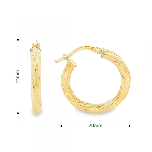 9ct Yellow Gold Twist Hoop Earrings - 20x21x3mm - 1.2g