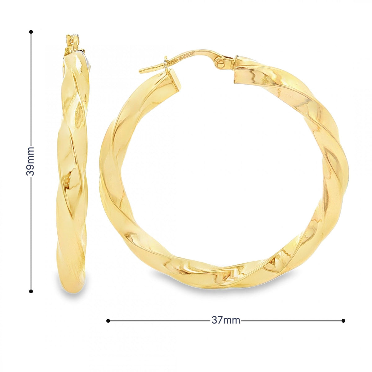 9ct Yellow Gold Twist Hoop Earrings - 37x39x4mm - 3.5g