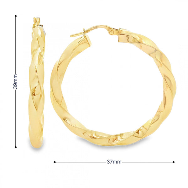 9ct Yellow Gold Twist Hoop Earrings - 37x39x4mm - 3.5g
