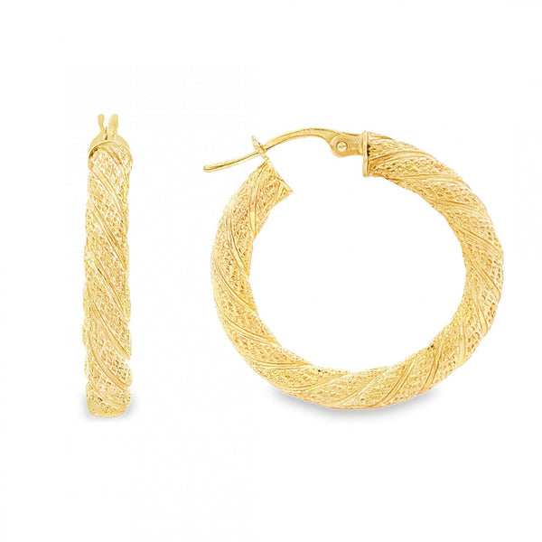 9ct Yellow Gold Patterned Twist Hoop Earrings - 27x28x4mm - 2.2g