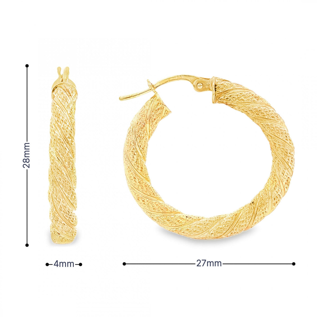 9ct Yellow Gold Patterned Twist Hoop Earrings - 27x28x4mm - 2.2g