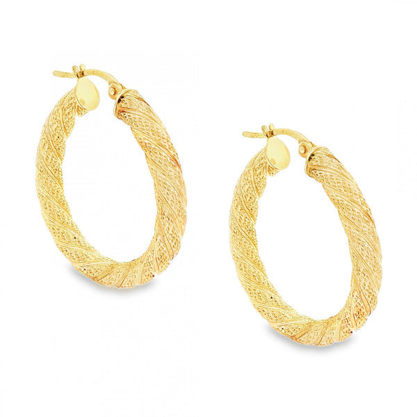 9ct Yellow Gold Patterned Twist Hoop Earrings - 27x28x4mm - 2.2g