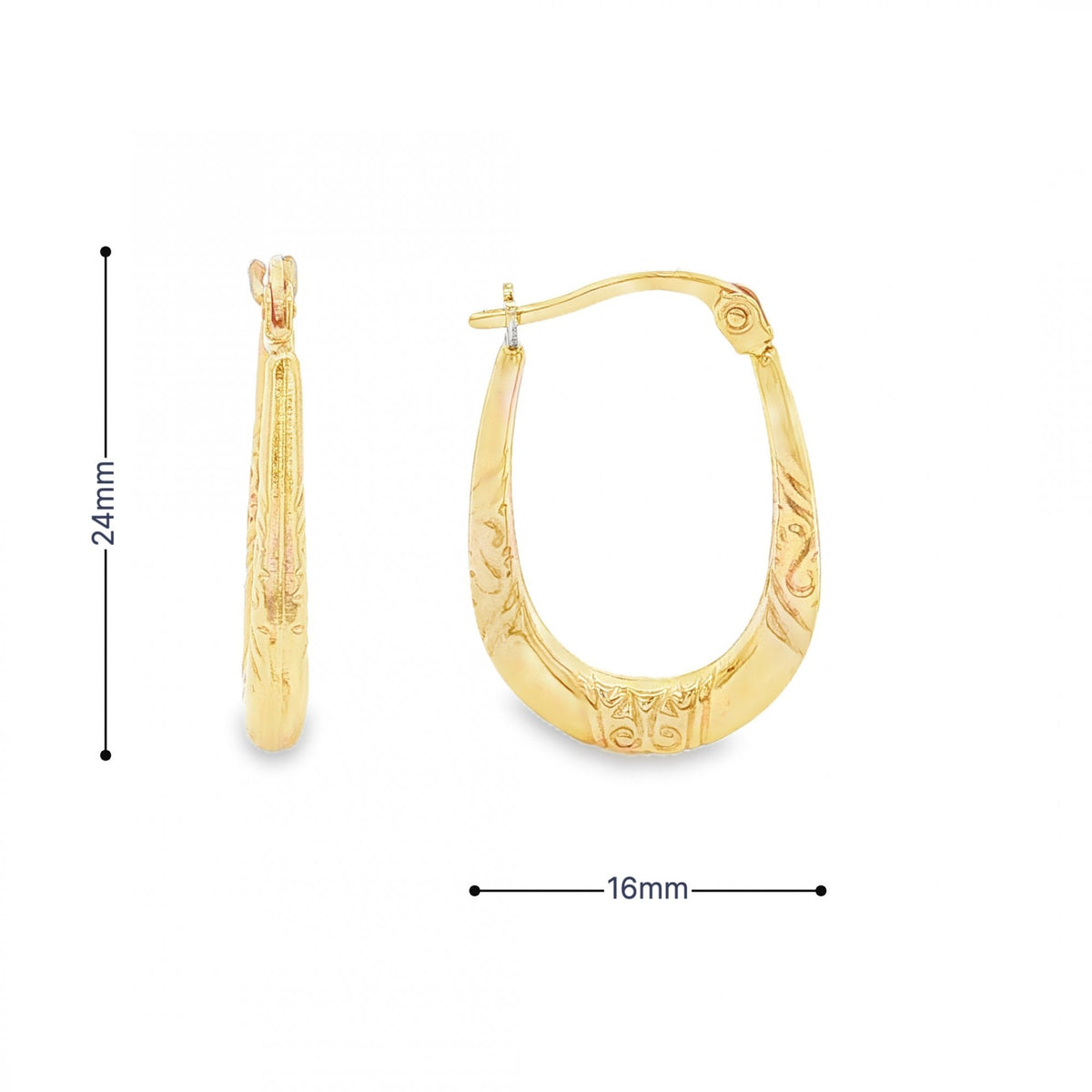 9ct Yellow Gold Graduated Patterned Hoop Earrings - 16x24x3mm