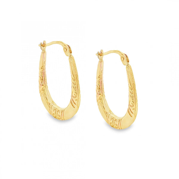 9ct Yellow Gold Graduated Patterned Hoop Earrings - 16x24x3mm