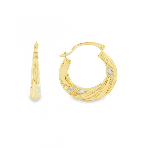 9ct Yellow & White Gold Patterned Twist Hoop Earrings - 1.1g