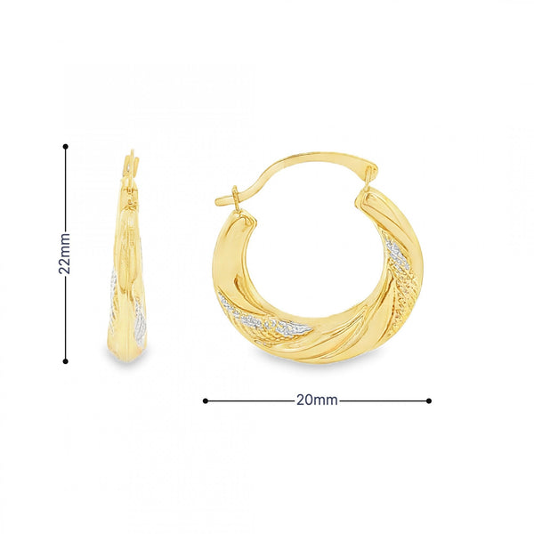 9ct Yellow & White Gold Patterned Twist Hoop Earrings - 1.1g