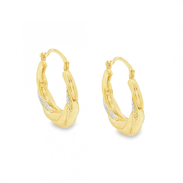 9ct Yellow & White Gold Patterned Twist Hoop Earrings - 1.1g