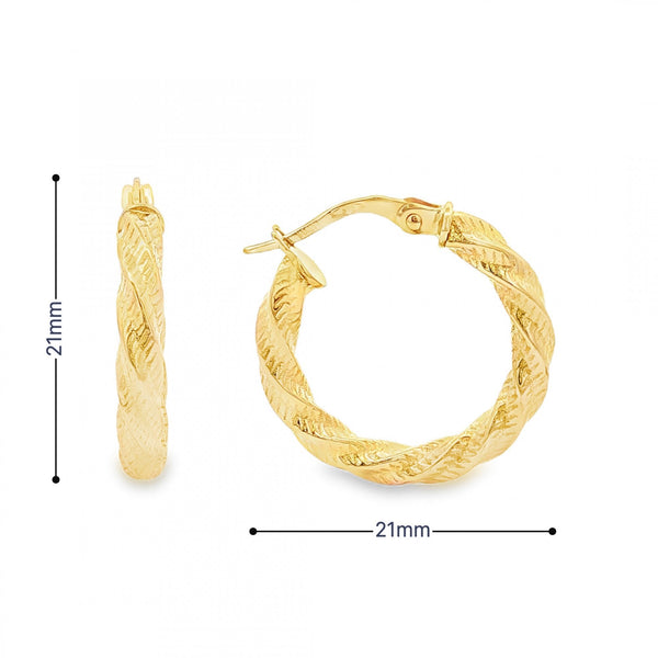 9ct Yellow Gold Twist Hoop Earrings - 21x21x3mm - 1.6g