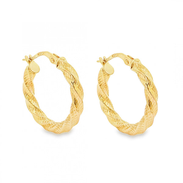 9ct Yellow Gold Twist Hoop Earrings - 21x21x3mm - 1.6g