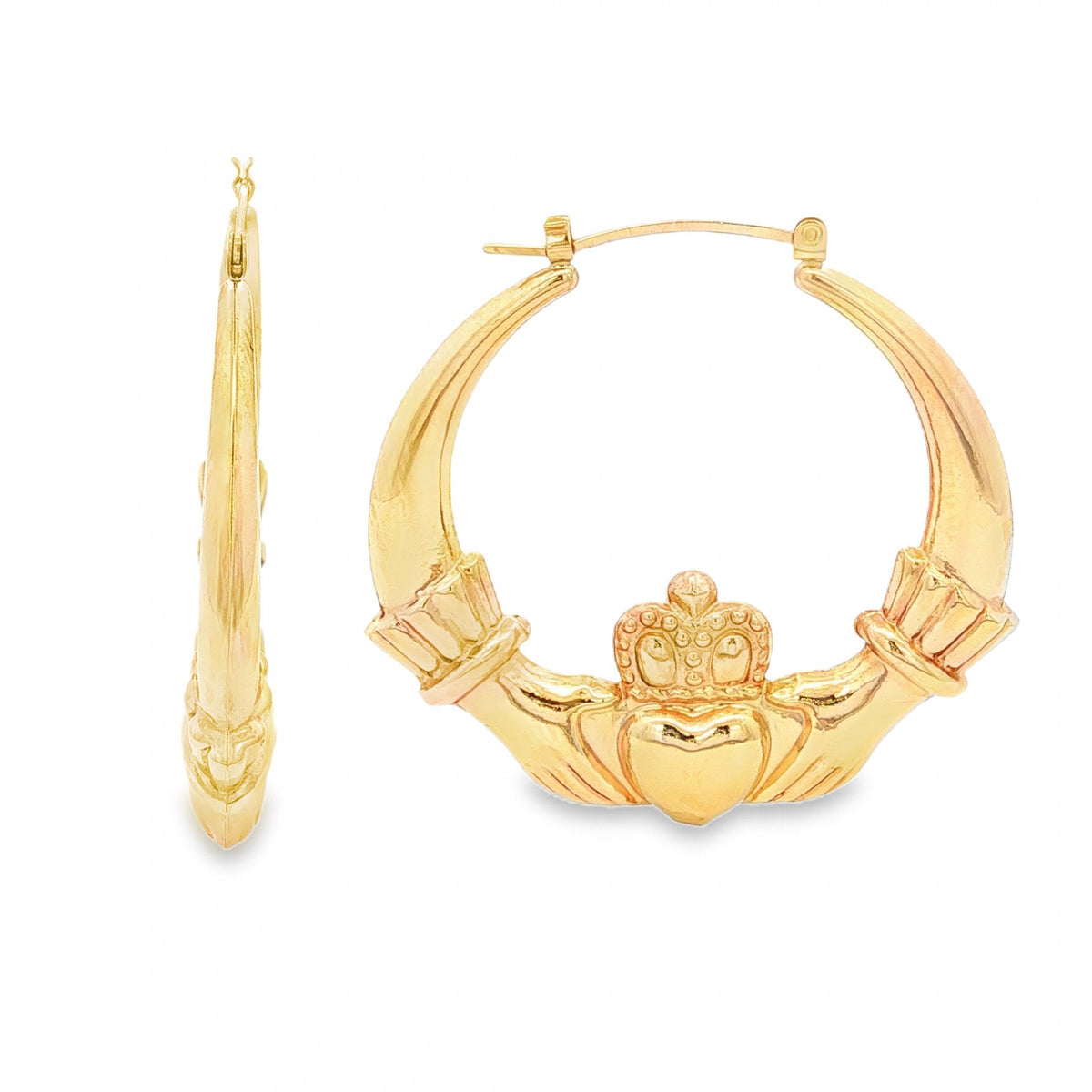 9ct Yellow Gold Claddagh Hoop Earrings - 41x42x5mm - 4.6g