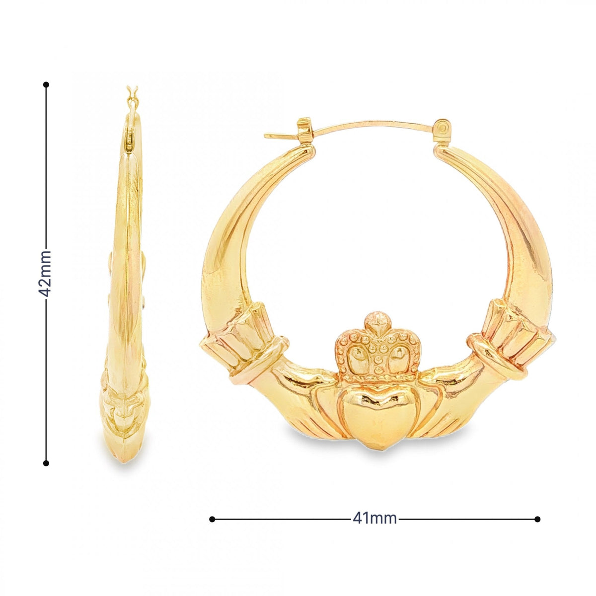 9ct Yellow Gold Claddagh Hoop Earrings - 41x42x5mm - 4.6g