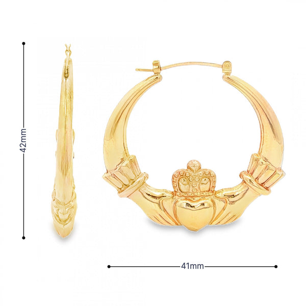 9ct Yellow Gold Claddagh Hoop Earrings - 41x42x5mm - 4.6g