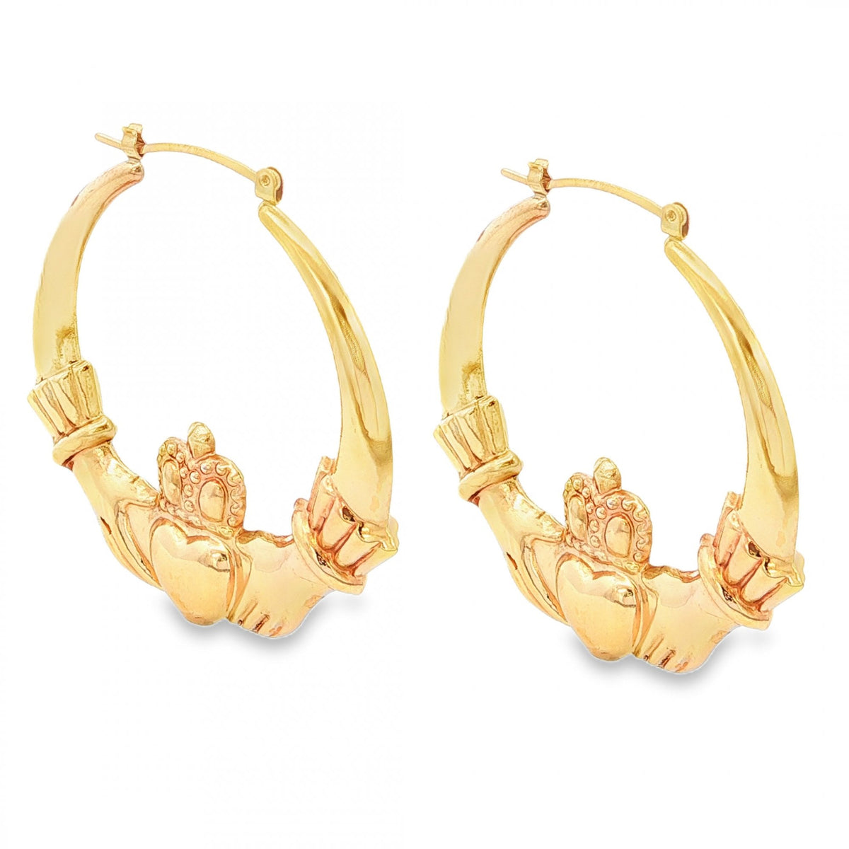 9ct Yellow Gold Claddagh Hoop Earrings - 41x42x5mm - 4.6g