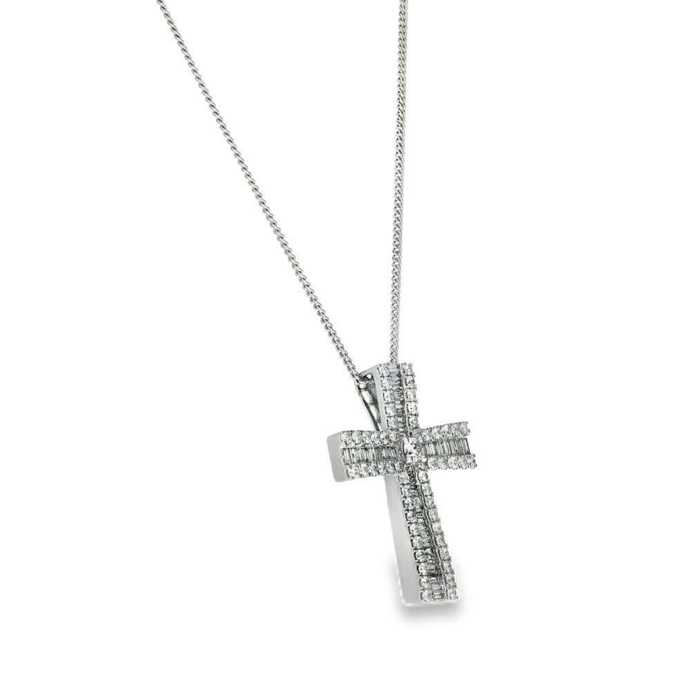 9ct White Gold Diamond Cross Pendant & Necklace - 18" - 1.98ct