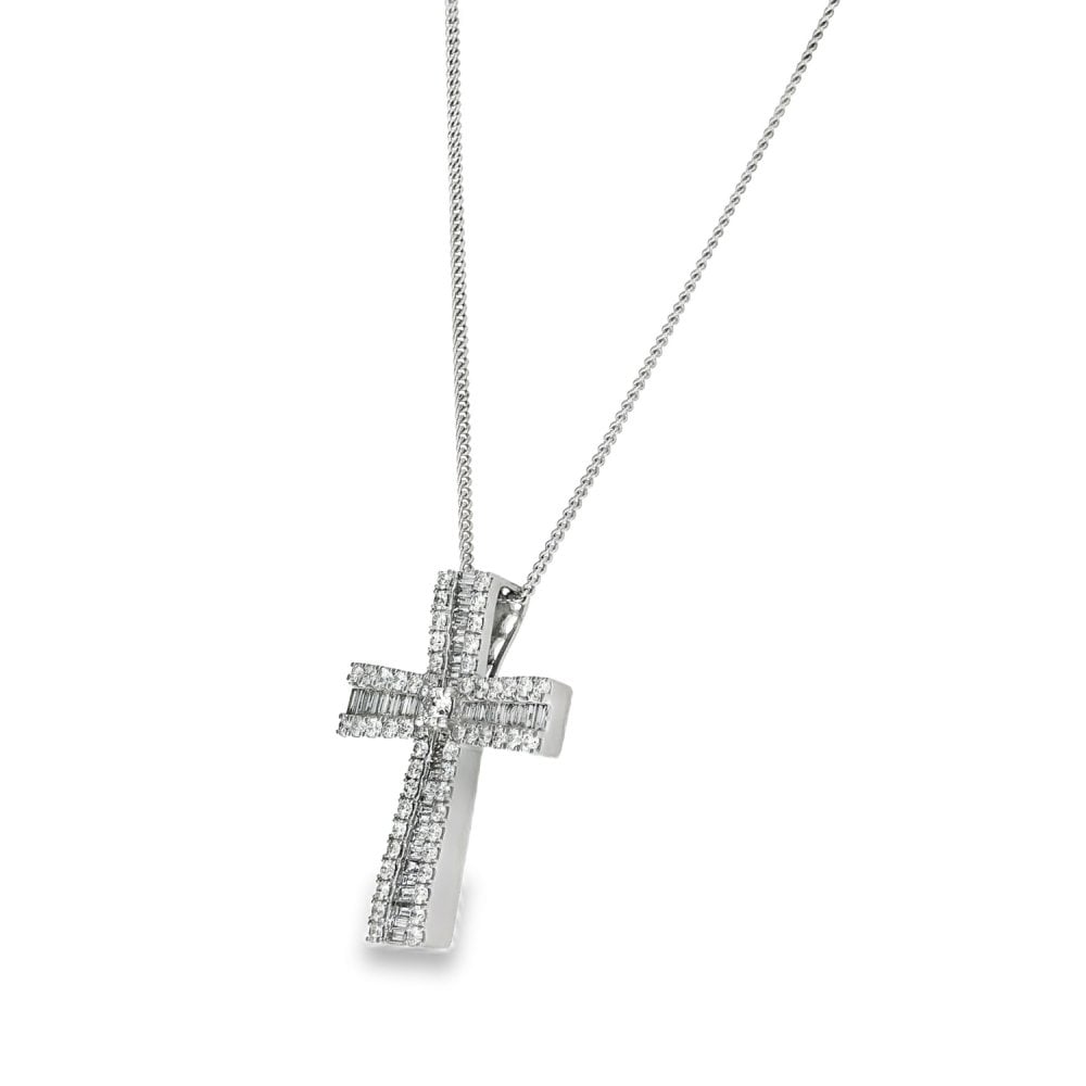 9ct White Gold Diamond Cross Pendant & Necklace - 18" - 1.98ct