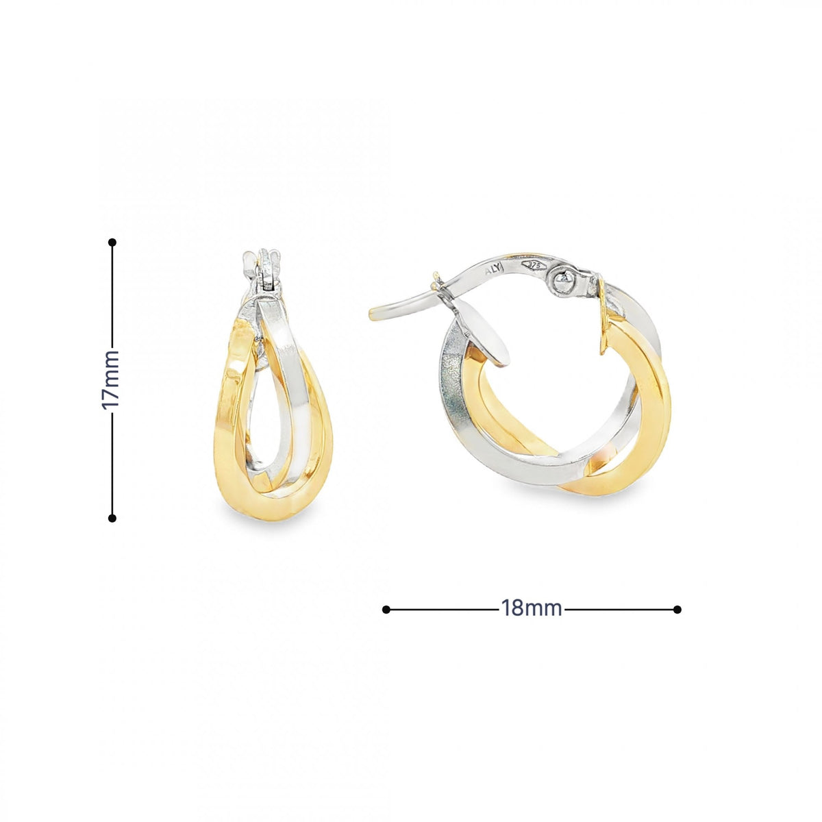 9ct Yellow & White Gold Double Twist Hoop Earrings - 18x17x7mm