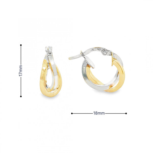 9ct Yellow & White Gold Double Twist Hoop Earrings - 18x17x7mm