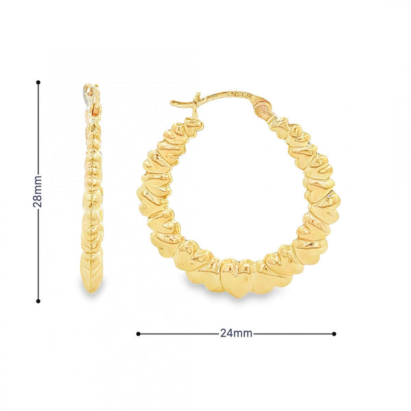 9ct Yellow Gold Graduated Heart Hoop Earrings - 24x28x3mm - 1.6g