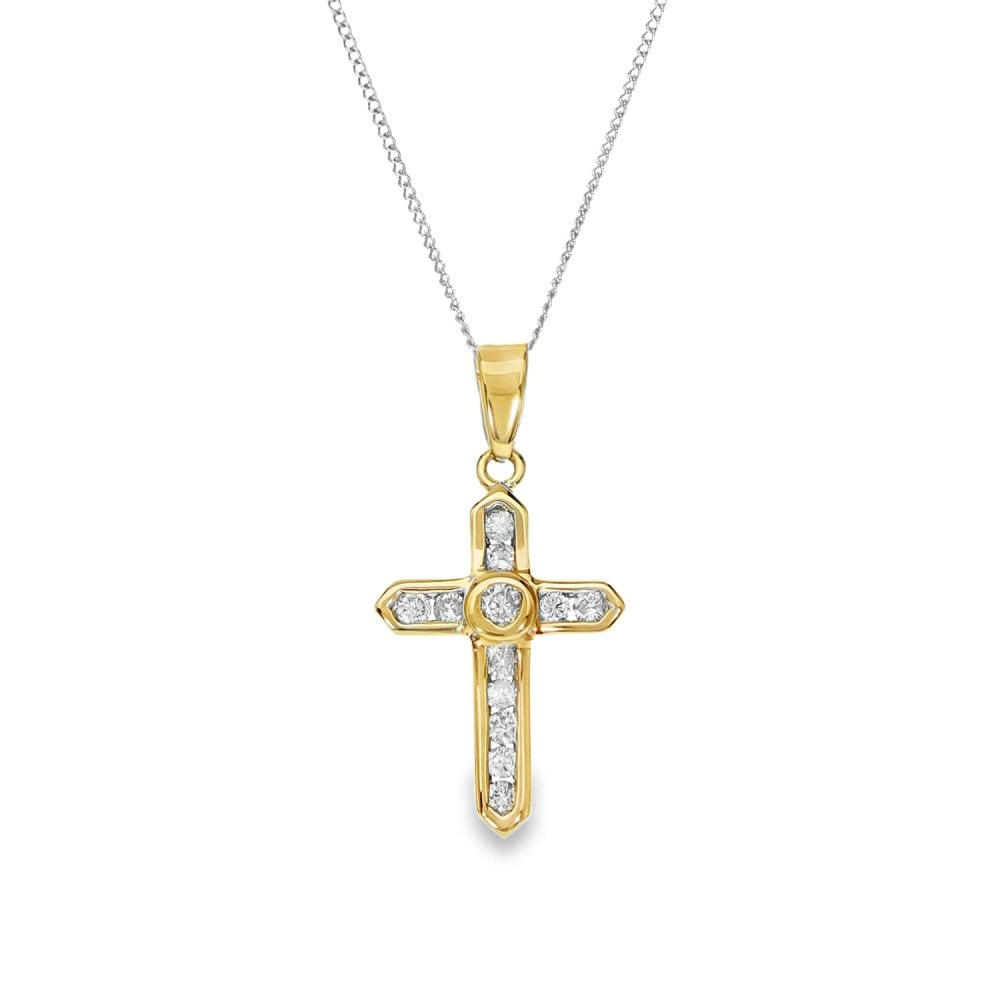 9ct Yellow & White Gold Diamond Cross Pendant & Necklace -0.37ct