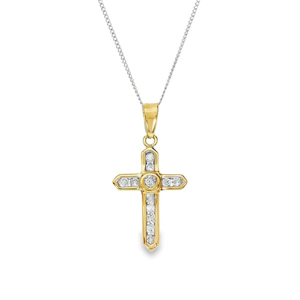 9ct Yellow & White Gold Diamond Cross Pendant & Necklace -0.37ct
