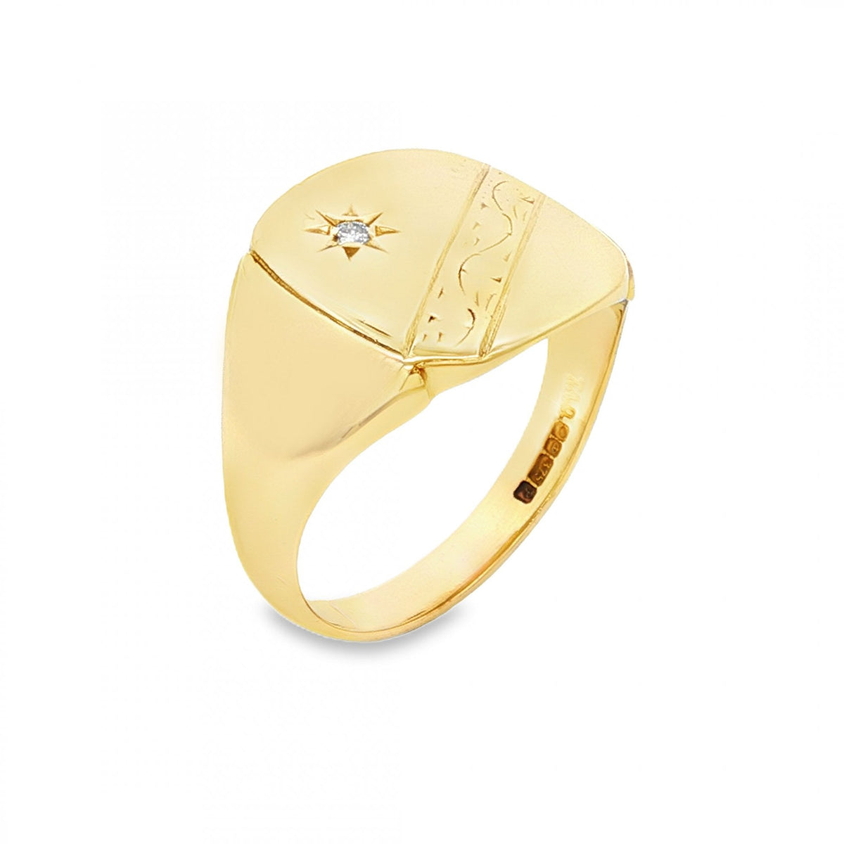9ct Yellow Gold Starburst Diamond Signet Ring - Size S - 15mm