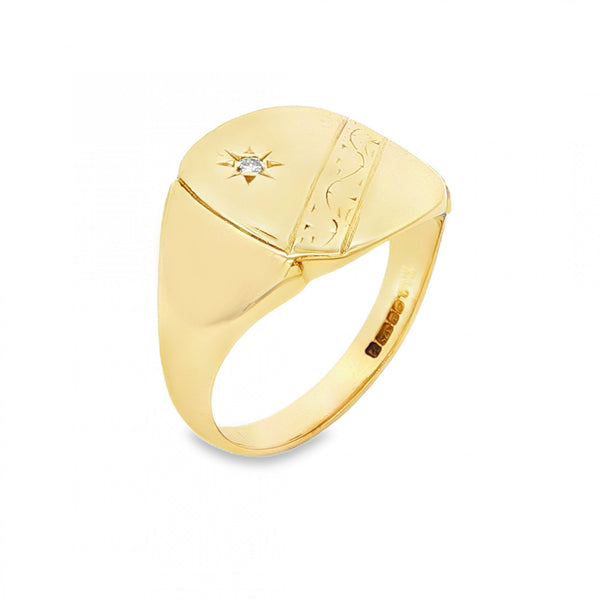 9ct Yellow Gold Starburst Diamond Signet Ring - Size S - 15mm