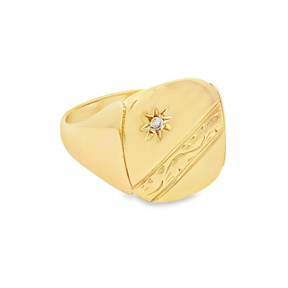 9ct Yellow Gold Starburst Diamond Signet Ring - Size S - 15mm