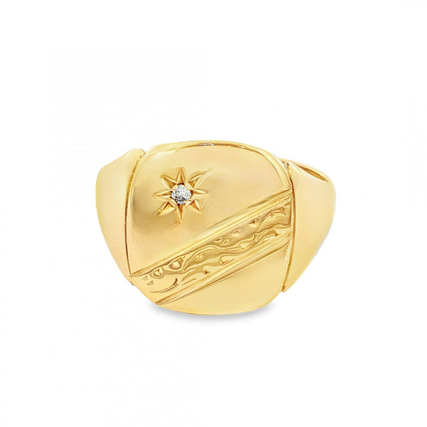 9ct Yellow Gold Starburst Diamond Signet Ring - Size S - 15mm