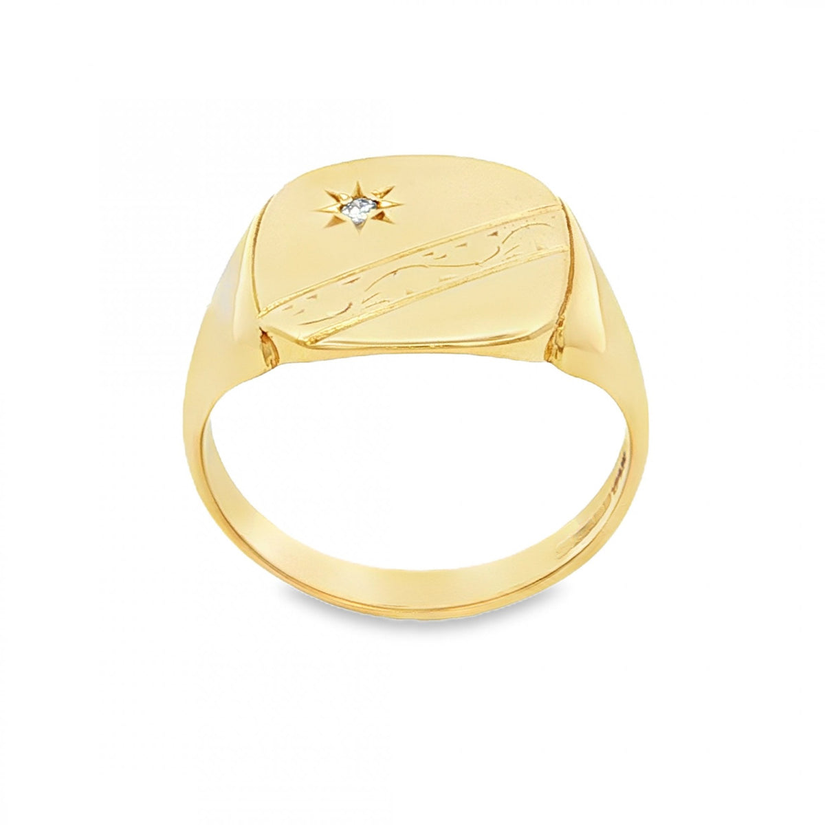 9ct Yellow Gold Starburst Diamond Signet Ring - Size S - 15mm