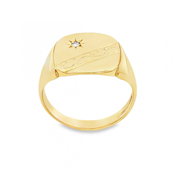 9ct Yellow Gold Starburst Diamond Signet Ring - Size S - 15mm