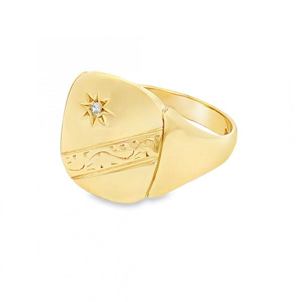 9ct Yellow Gold Starburst Diamond Signet Ring - Size S - 15mm