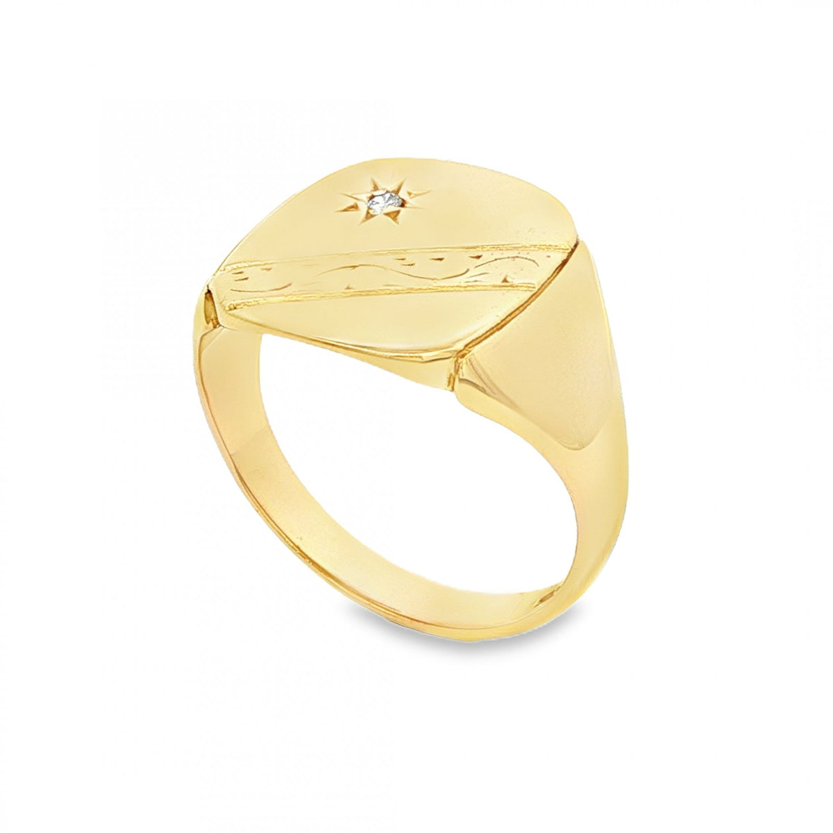 9ct Yellow Gold Starburst Diamond Signet Ring - Size S - 15mm