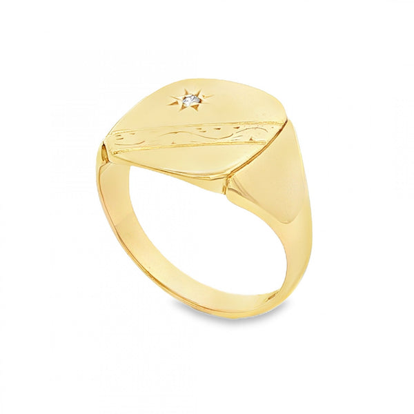 9ct Yellow Gold Starburst Diamond Signet Ring - Size S - 15mm