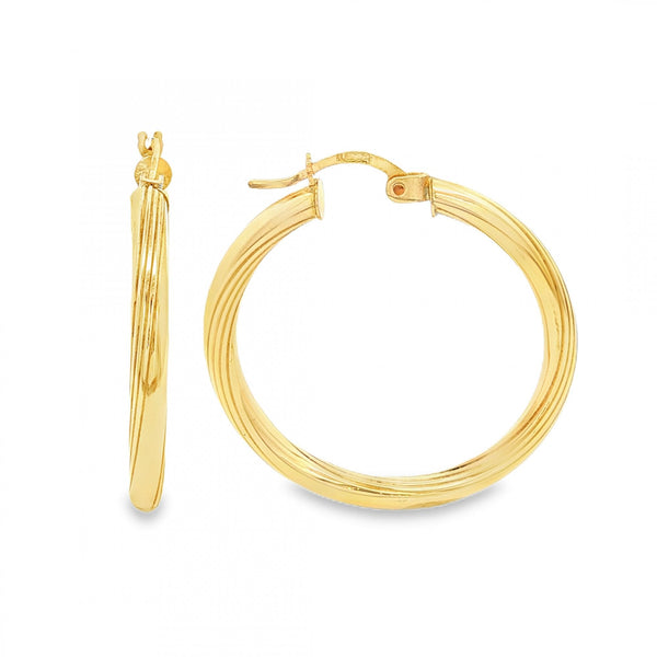 9ct Yellow Gold Hollow Twist Patterned Hoop Earrings - 29x31x3mm