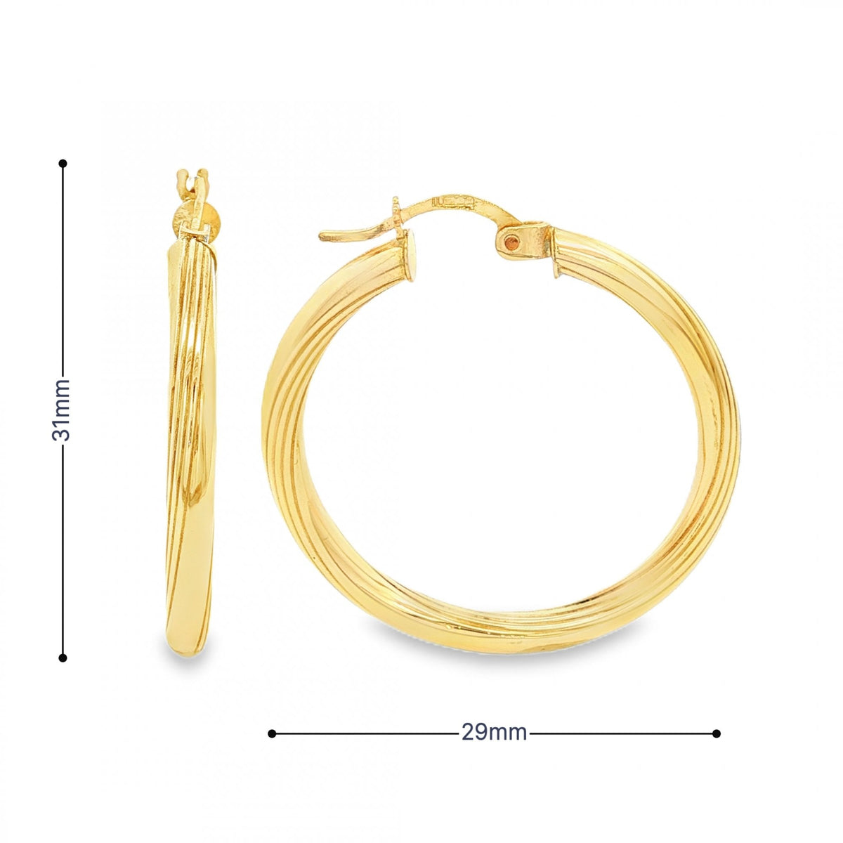 9ct Yellow Gold Hollow Twist Patterned Hoop Earrings - 29x31x3mm