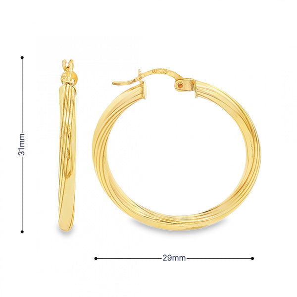 9ct Yellow Gold Hollow Twist Patterned Hoop Earrings - 29x31x3mm