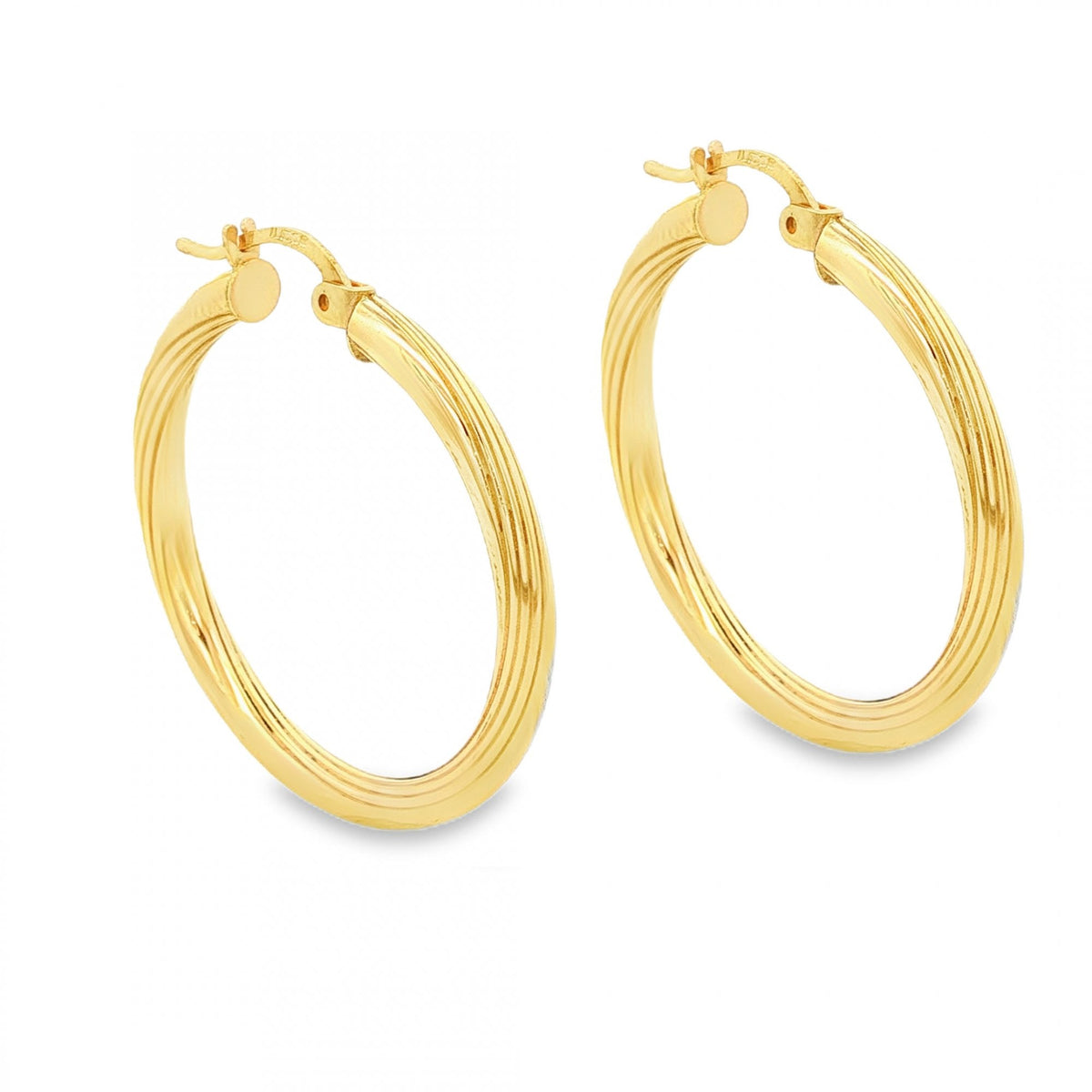 9ct Yellow Gold Hollow Twist Patterned Hoop Earrings - 29x31x3mm