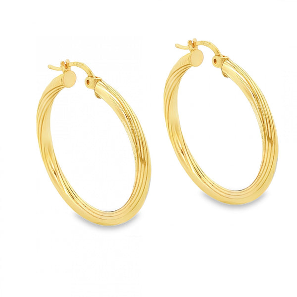 9ct Yellow Gold Hollow Twist Patterned Hoop Earrings - 29x31x3mm