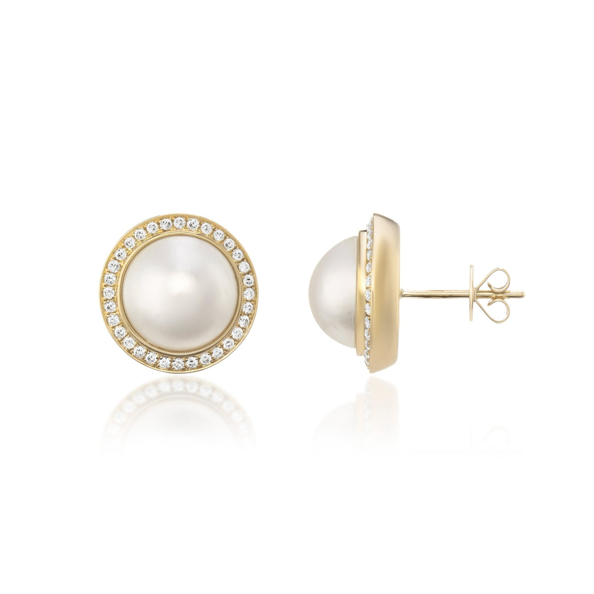 9ct Yellow Gold Pearl & Diamond Halo Stud Earrings - 0.37ct