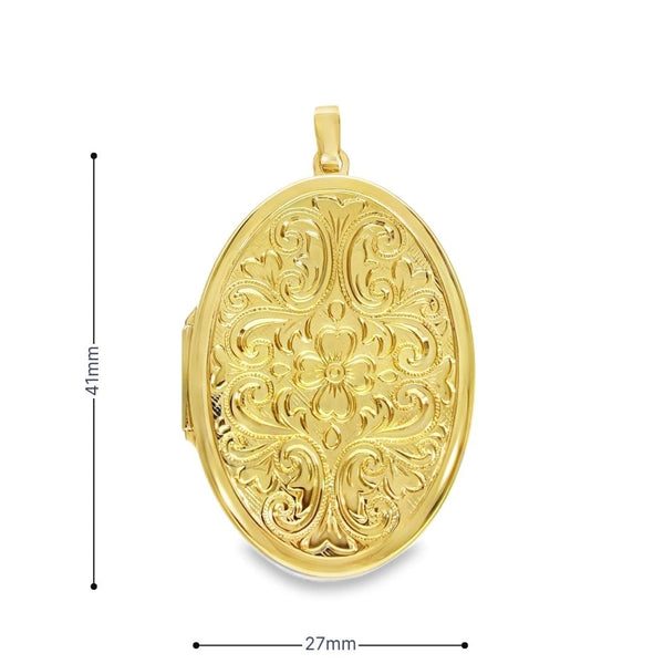 9ct Yellow Gold Floral & Feather Oval Locket - 27x41x7mm - 6.6g