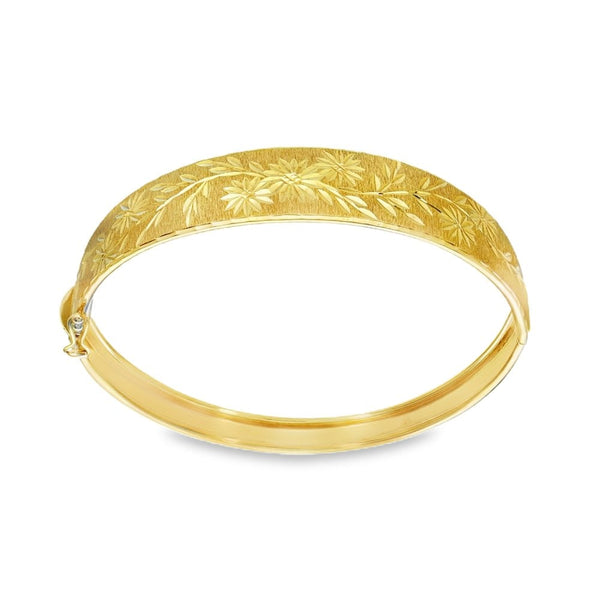 9ct Yellow Gold Flower & Leaf Bangle - 17.5cm - 9.8g