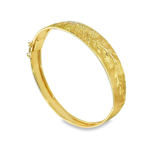 9ct Yellow Gold Flower & Leaf Bangle - 17.5cm - 9.8g