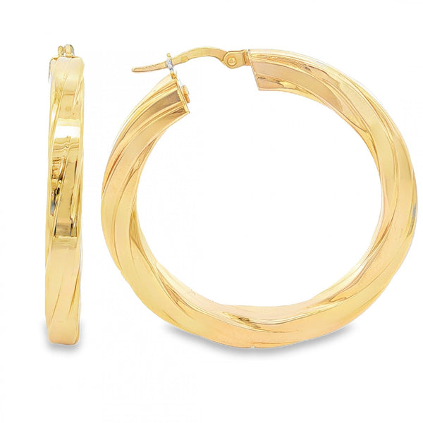 9ct Yellow Gold Twist-Engraved Hoop Earrings - 39x41x4.5mm -5.1g